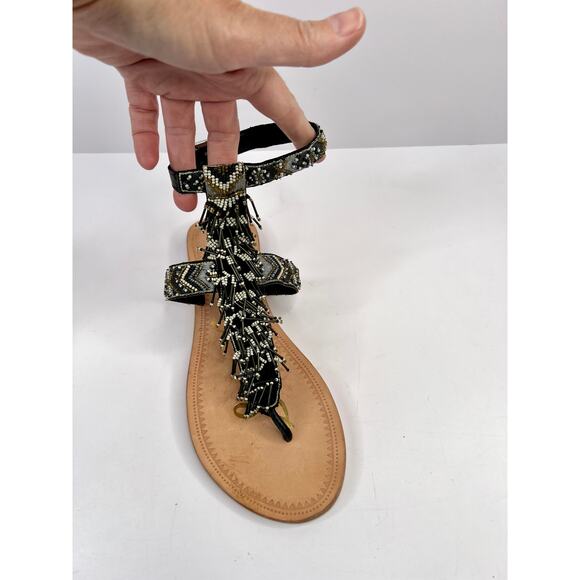 Sam Edelman Size 8 Beaded Fringe Gladiator Sandals Black Gray White NWOB - Picture 4 of 12